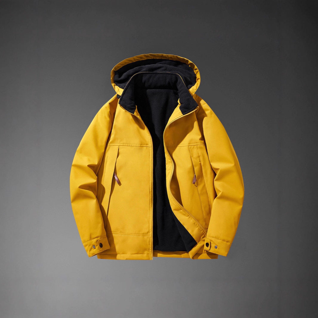 Men Water-Repellent Multi-Pocket Jacket with Hood and Fleece Lining Chichicherry