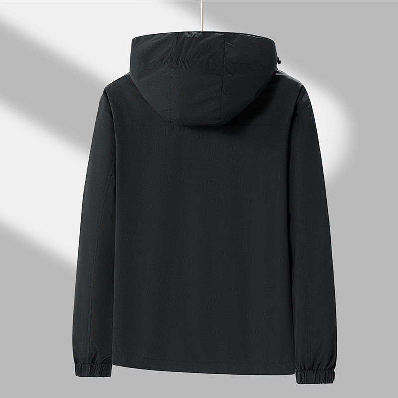 Men's lightweight water-repellent hooded transitional jacket with contrast shoulder panels and drawstring hem Chichicherry