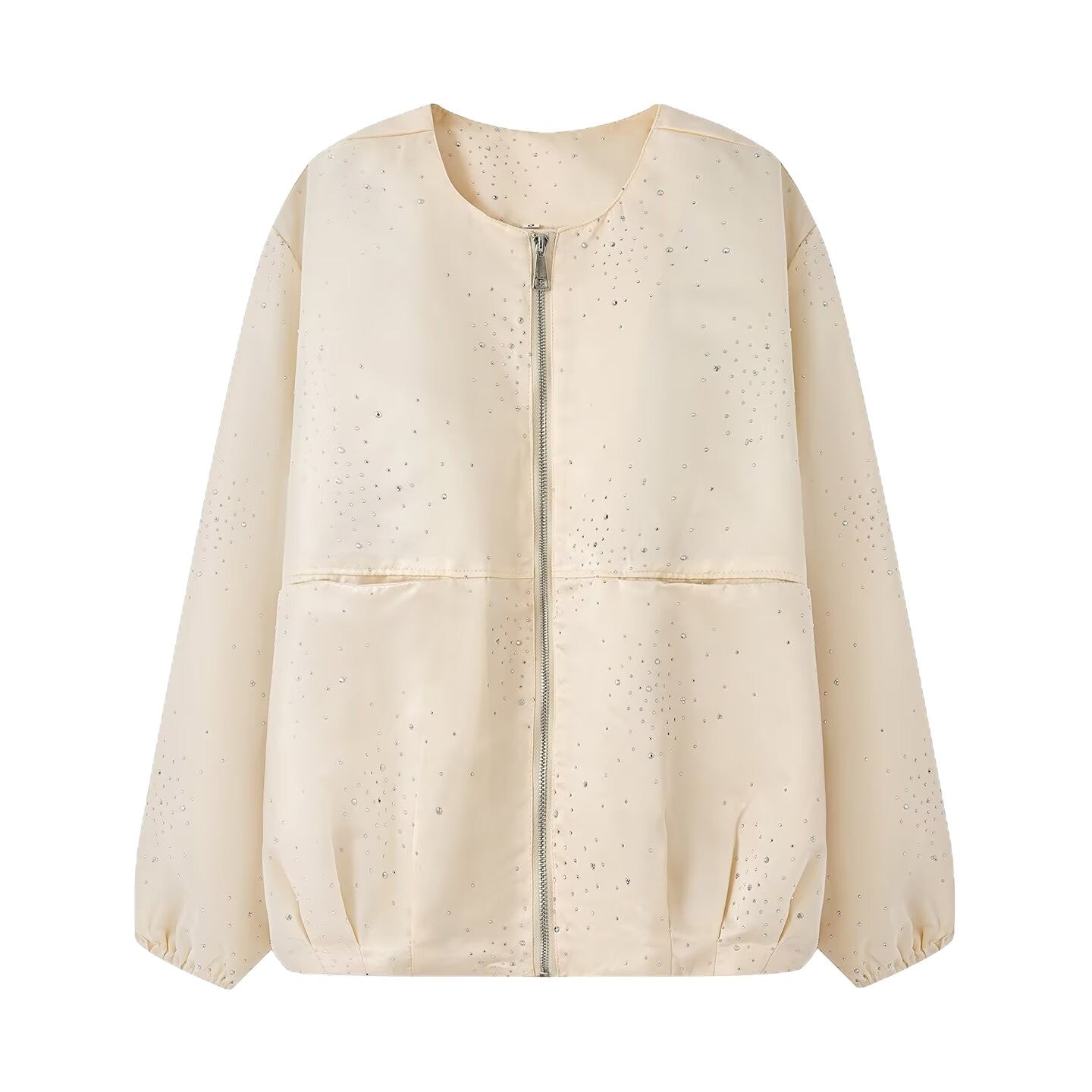 Women's Shiny Bomber Jacket with Decorative Stone Trim and Elastic Hem Chichicherry