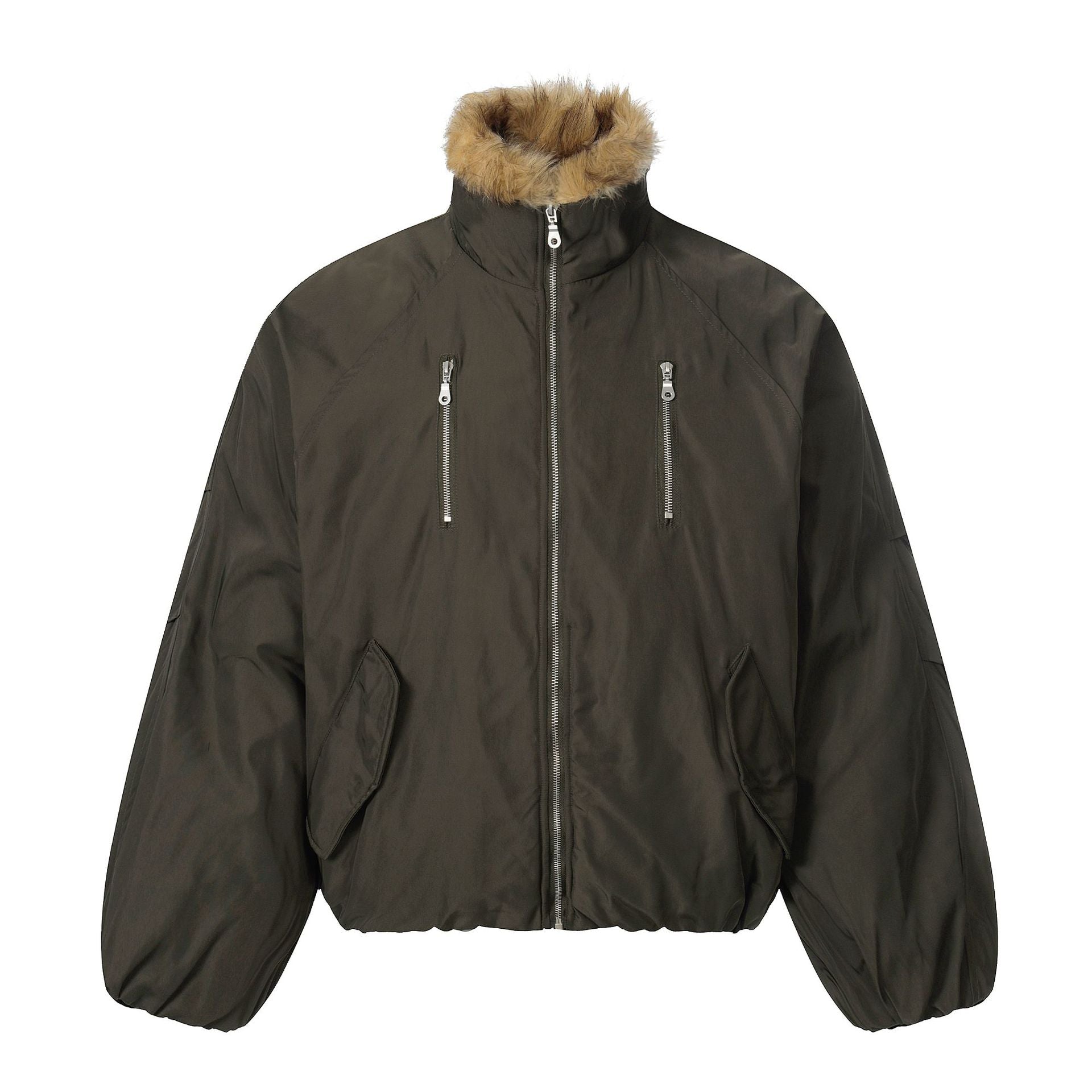 Men's short-cut boxy puffer jacket with faux fur hood and vertical zip pockets Chichicherry