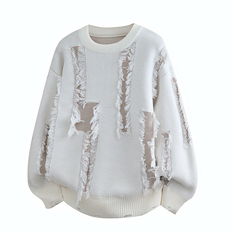 Men's Oversized Knit Sweater with Fringe Applications and Balloon Sleeves Chichicherry