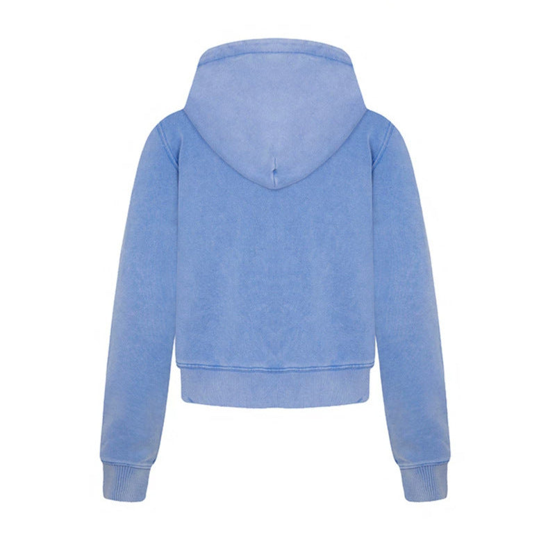 Ladies short-cut hooded zip jacket made of garment-dyed cotton fleece with chest pocket Chichicherry