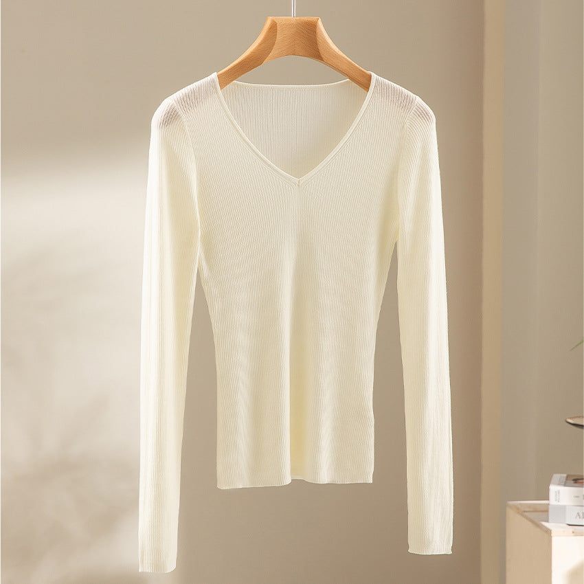 Women's Fine Rib Knit Sweater with Deep V-Neck and Tailored Fit Chichicherry