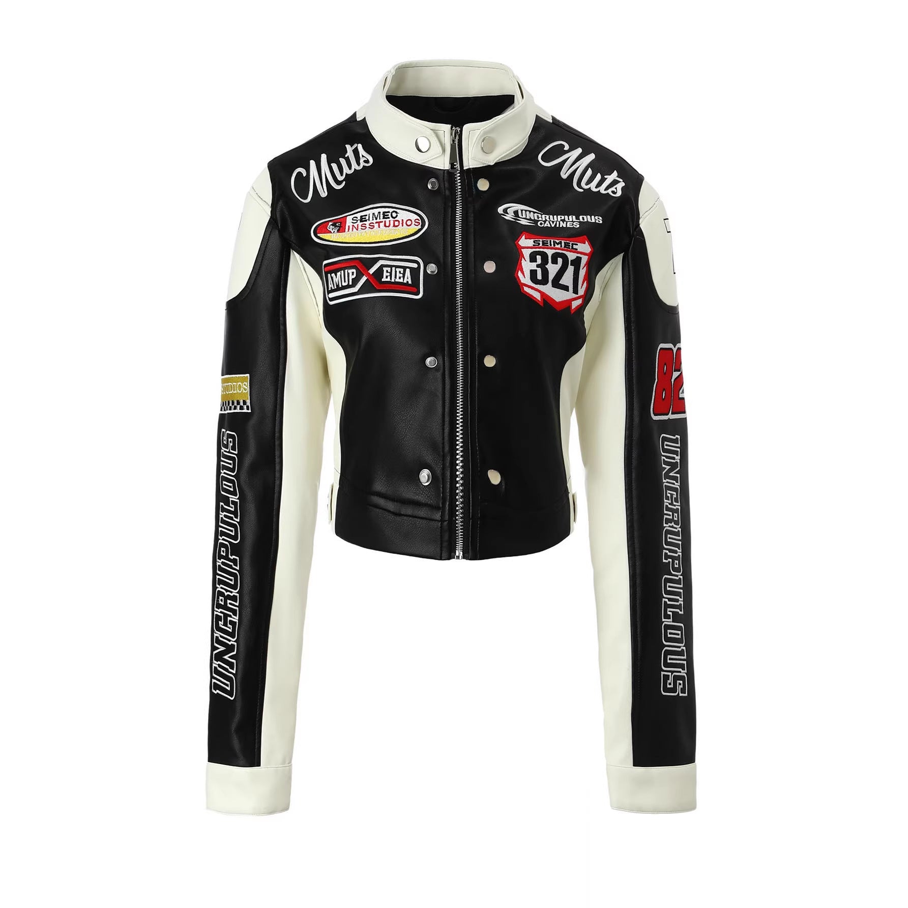 Women's Biker Jacket in Racing Look with Embroidered Patches and Contrasting Sleeves Chichicherry