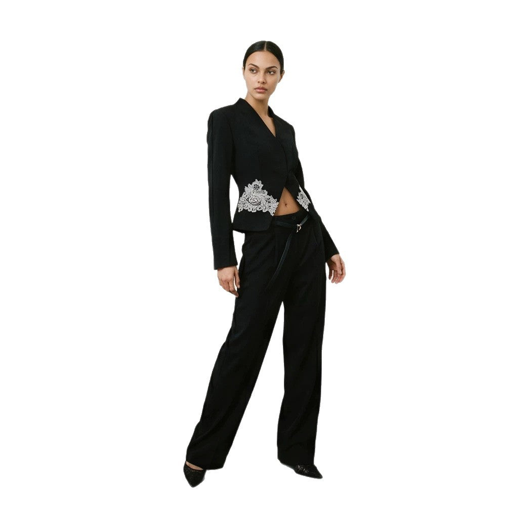 Women's Sculpted Cropped Blazer with Lace Trim and Tailored Silhouette Chichicherry
