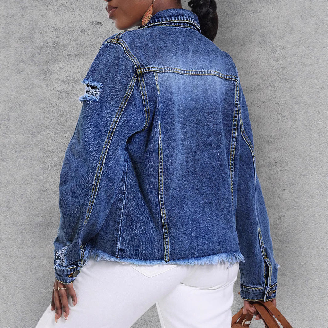 Women's Casual Denim Jacket with Distressed Details, Patch Chest Pockets and Frayed Hem Chichicherry