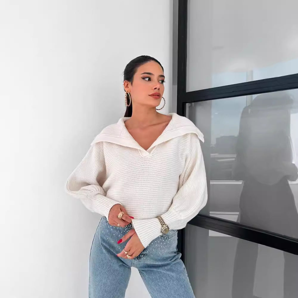 Damen Oversize Rippsweater mit Reverskragen und tiefem V‑Ausschnitt Chichicherry