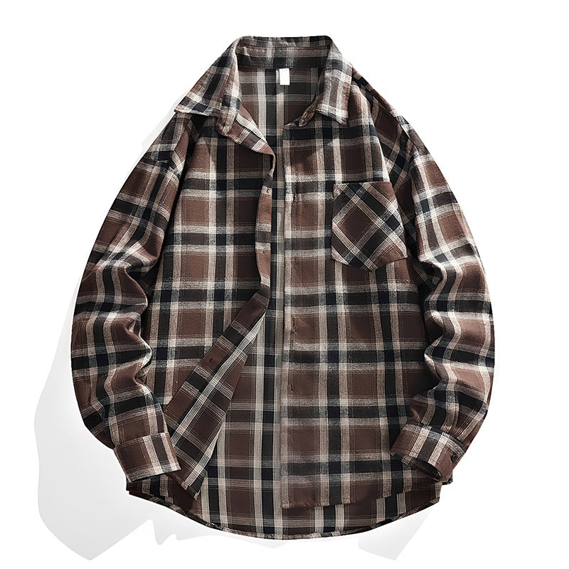 Men's Oversized Checked Flannel Shirt Jacket with Breast Pocket & Rounded Hem Chichicherry