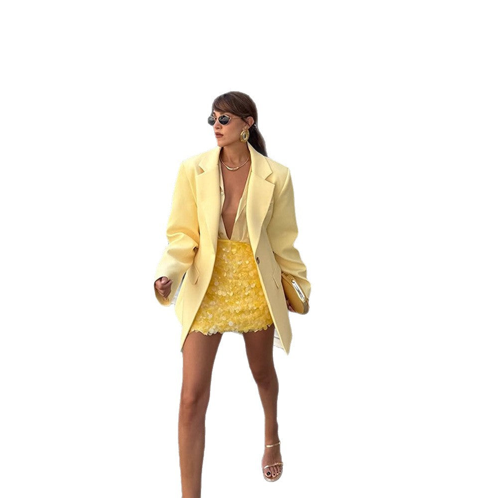 Women's Two-Piece Blazer Set with Oversized Jacket and 3D Flower Mini Skirt Chichicherry