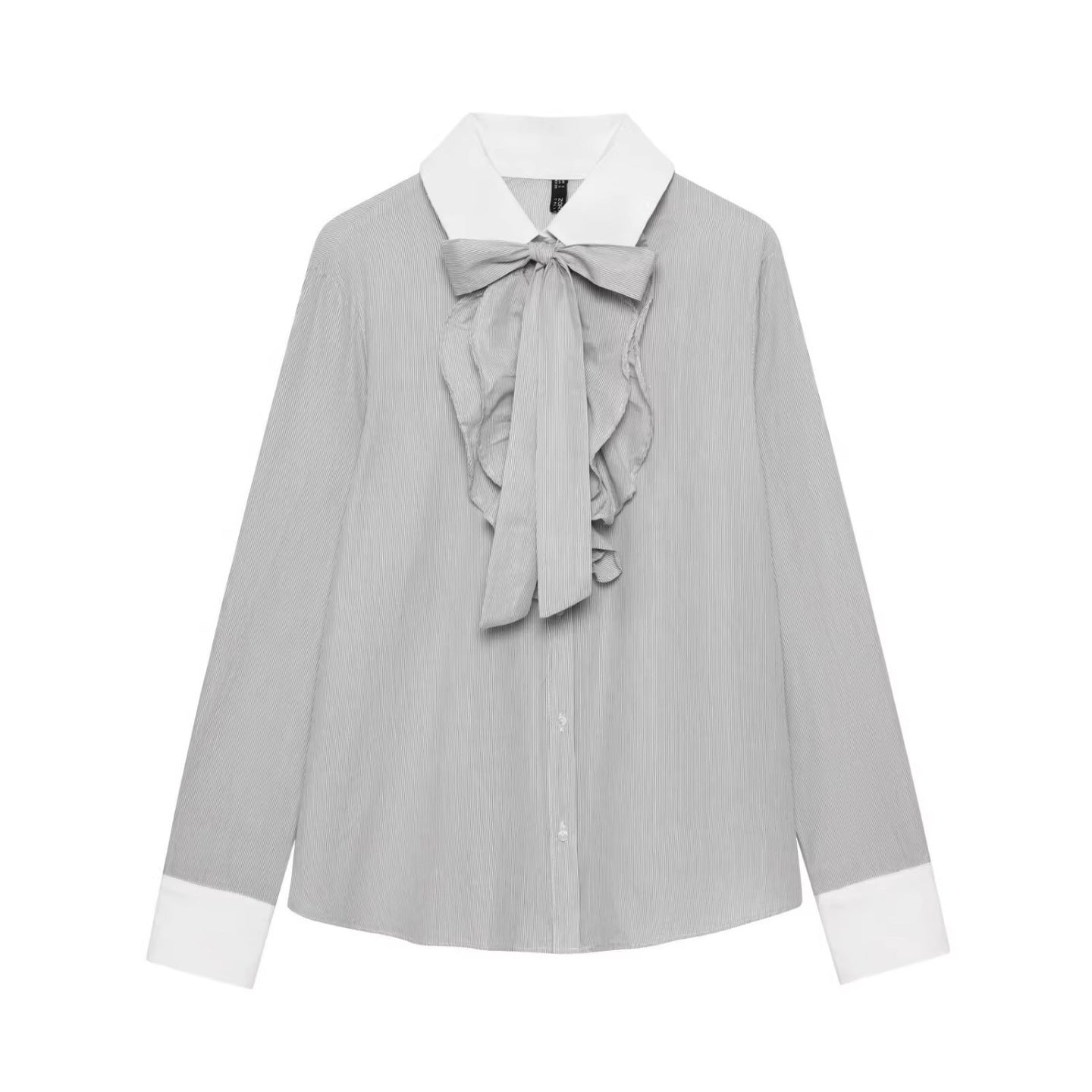 Ladies Striped Blouse with Bow Collar, Ruffle Front and Contrast Cuffs Chichicherry