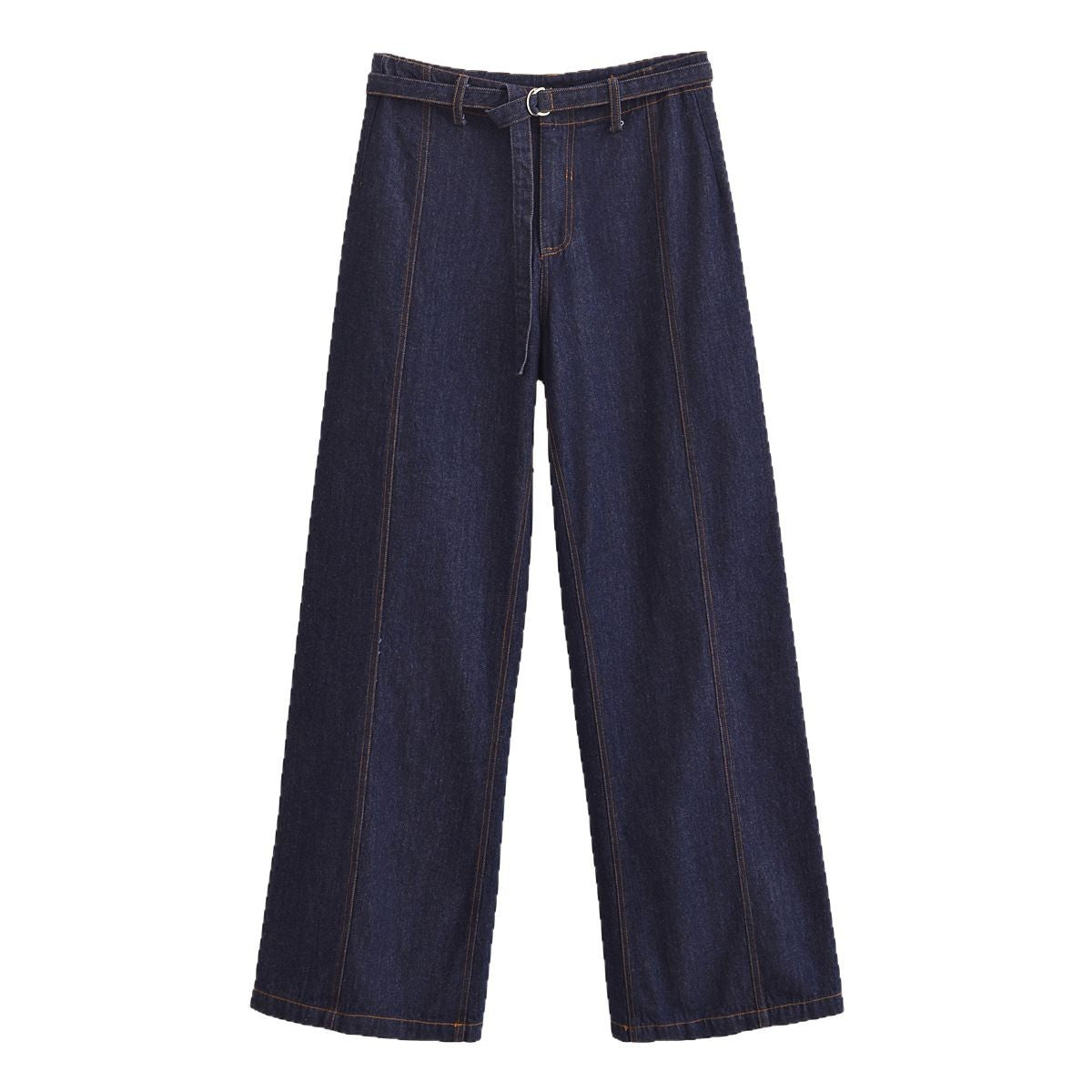 Women's Wide High-Waist Palazzo Jeans with Center Seam and D-Ring Belt Chichicherry