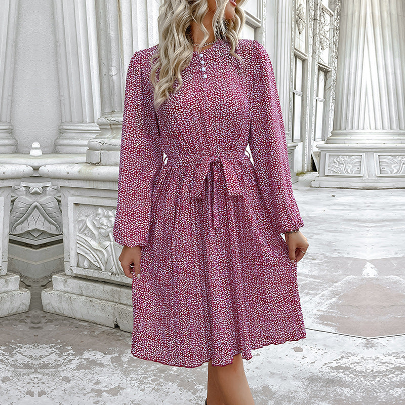 Women's midi dress with stand-up collar, waist belt, and long sleeves Chichicherry