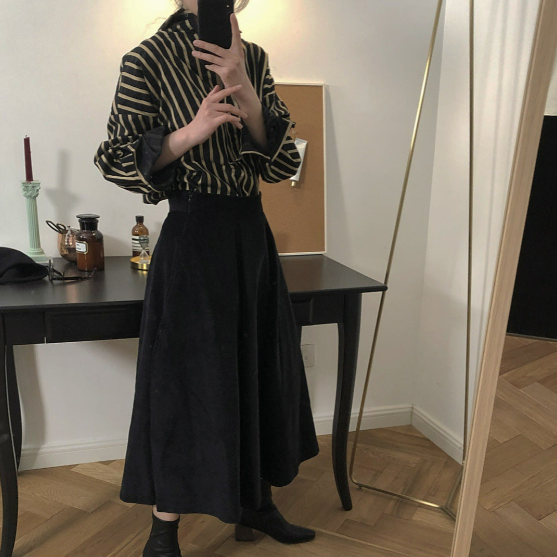 Women Striped Oversized Shirt Blouse with Drop Sleeves and Button Cuffs Chichicherry