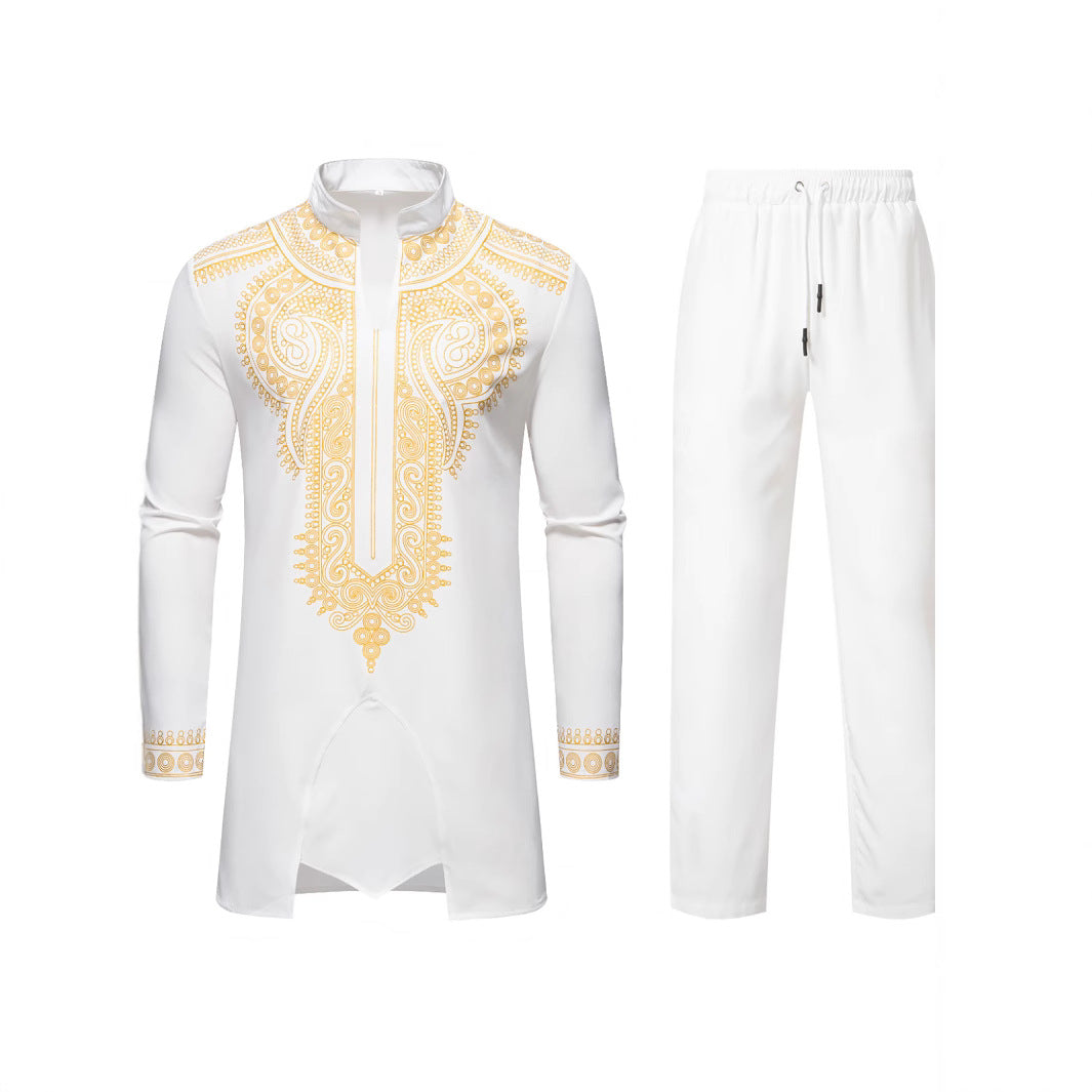 Men's Traditional Embroidered Tunic Set with Mandarin Collar and Elastic Pants Chichicherry