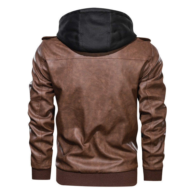 Men's Hooded Faux Leather Biker Jacket with Zipper, Chest Pockets and Ribbed Cuffs Chichicherry