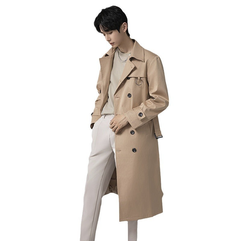 Men's Modern Tech Trench Coat with Double-Breasted Button Placket, Tie Belt and Subtle Ring Details Chichicherry
