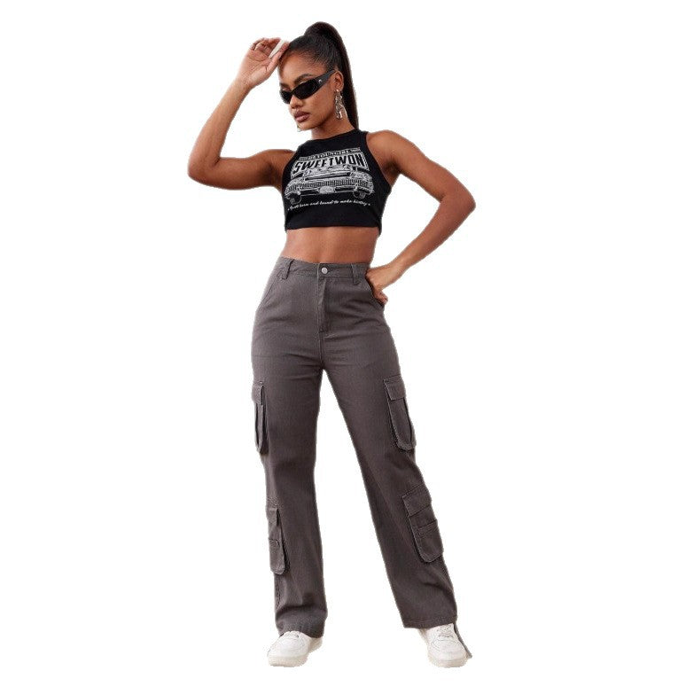 Women's Utility Cargo Pants with Wide Leg, Multiple Pockets and High Waist Fit Chichicherry