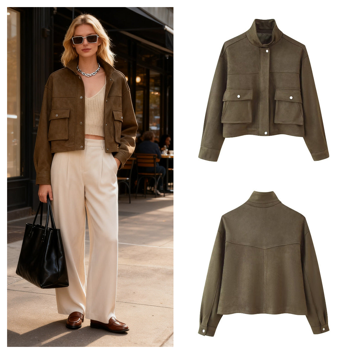 Women's short jacket in utility style made of suede look with stand-up collar and cargo flap pockets Chichicherry