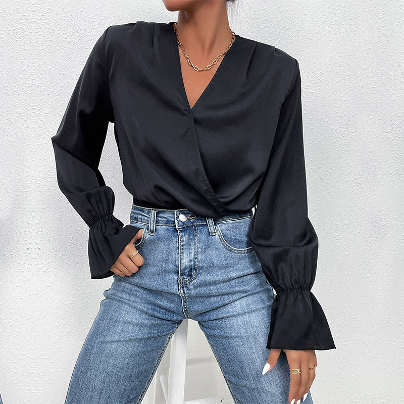 Women's satin bodysuit with wrap V-neck, fitted ribbed waistband and flounce sleeves Chichicherry