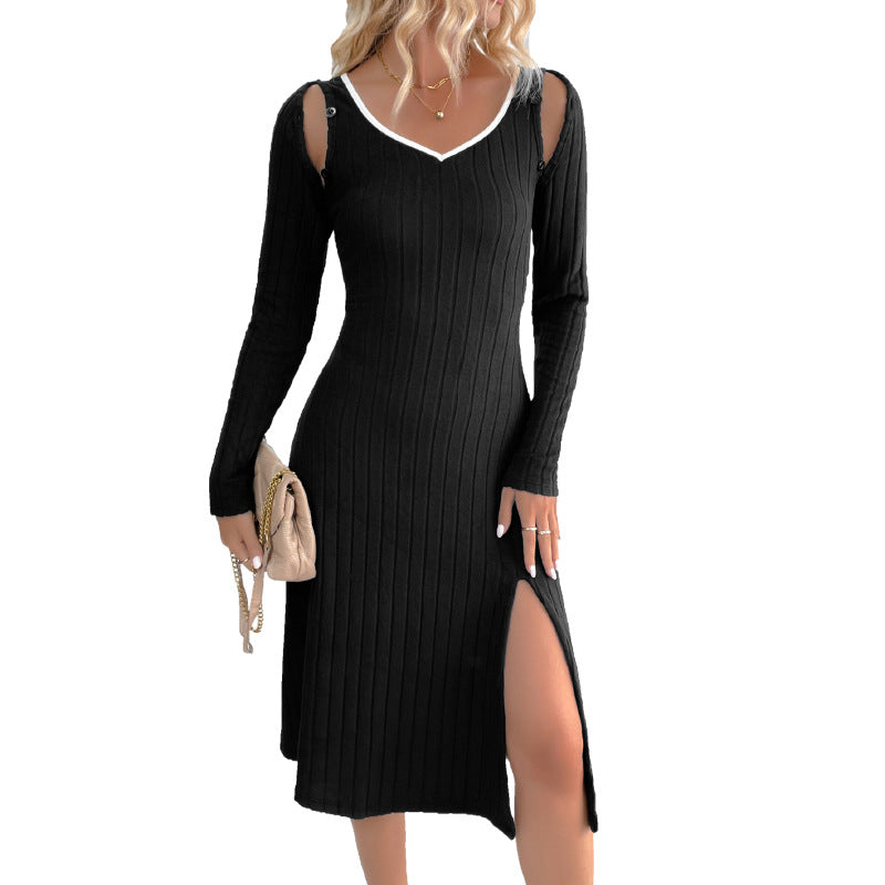 Women's midi dress made of ribbed fine knit with V-neck, shoulder cutouts, and side slit Chichicherry