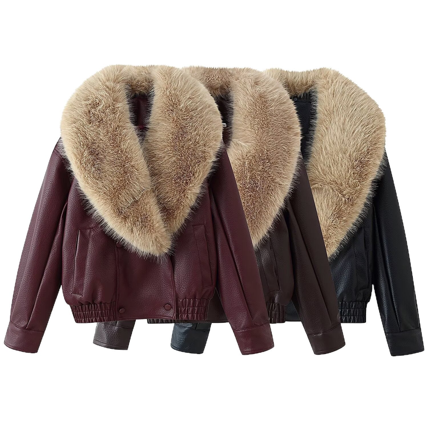 Women's Short-Cut Leather Bomber Jacket with Voluminous Removable Fur Collar Chichicherry