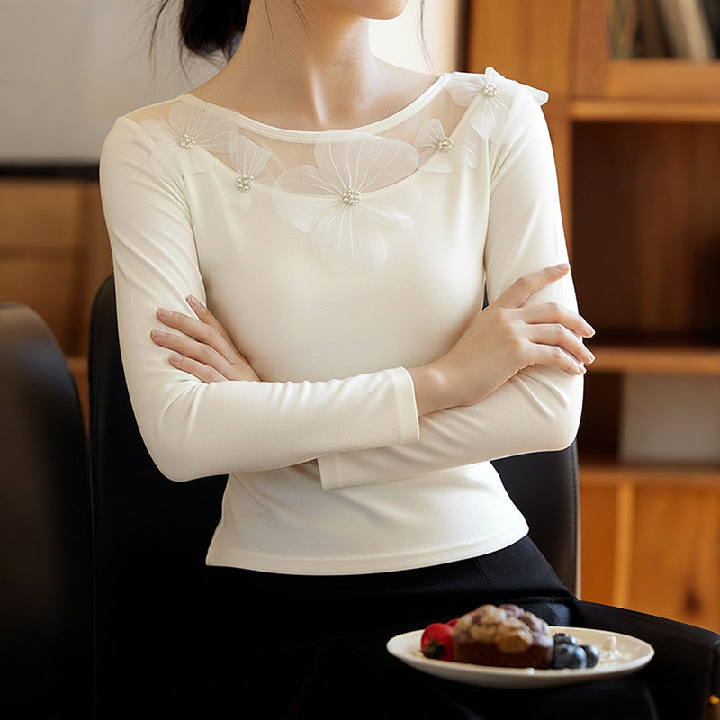 Ladies Elegant Long Sleeve Shirt with Transparent Tulle Insert and 3D Flower Appliqué Chichicherry