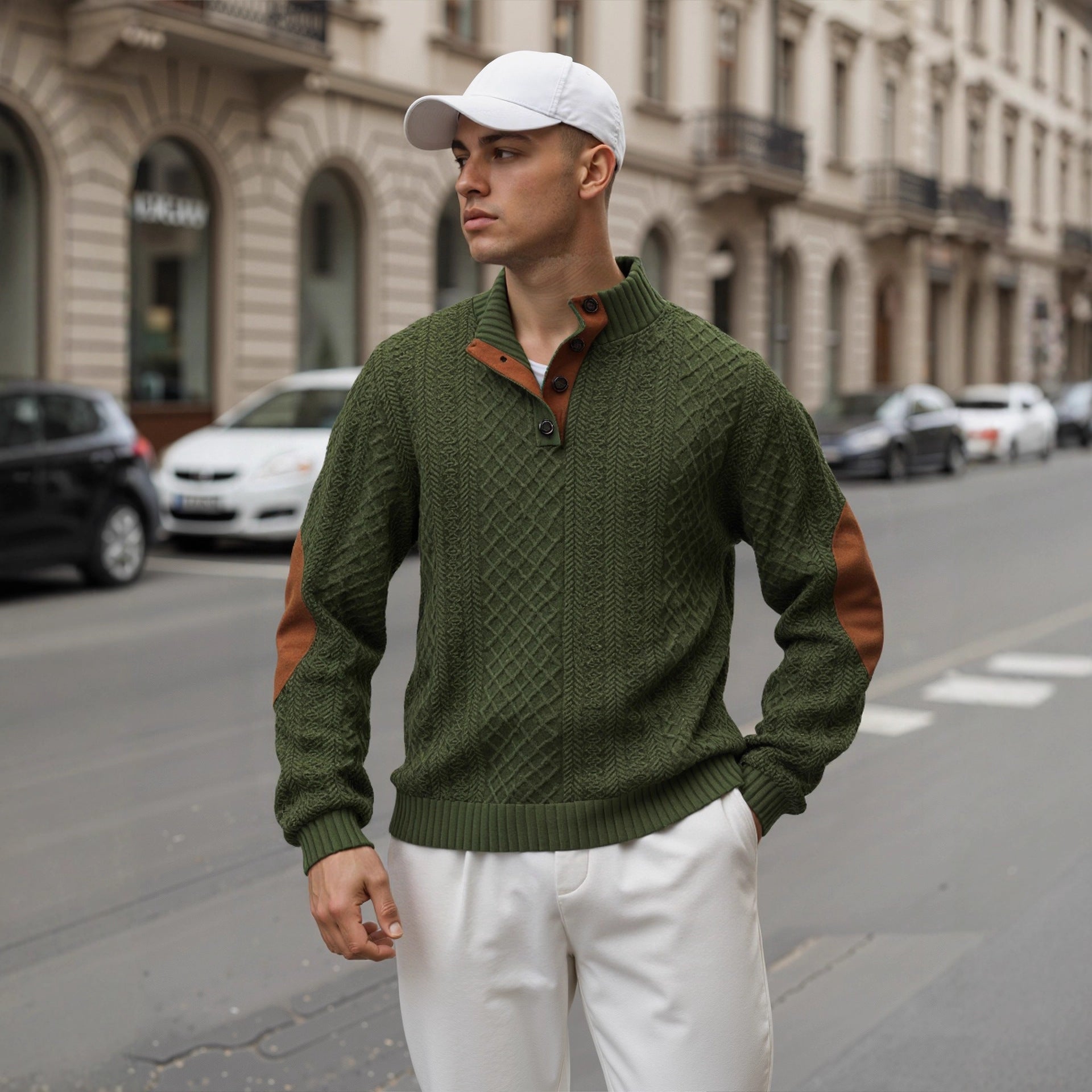 Men's troyer sweater with stand-up collar, structured knit look and contrast elbow patches Chichicherry