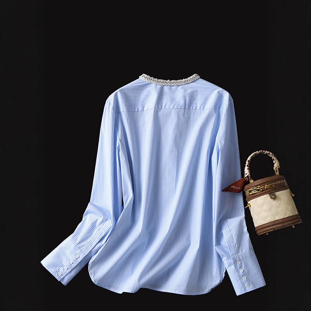 Women Elegant Long Sleeve Blouse with Decorative Collar Drune