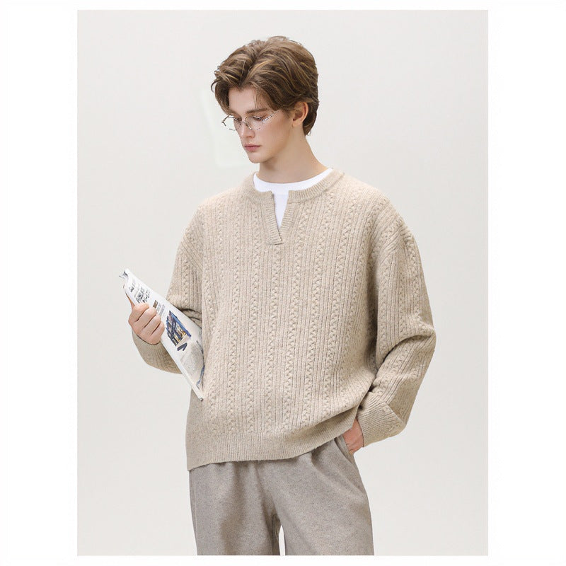 Damen Grobgestrickter Zopfmuster-Pullover mit V‑Ausschnitt und Lagen‑Optik Chichicherry