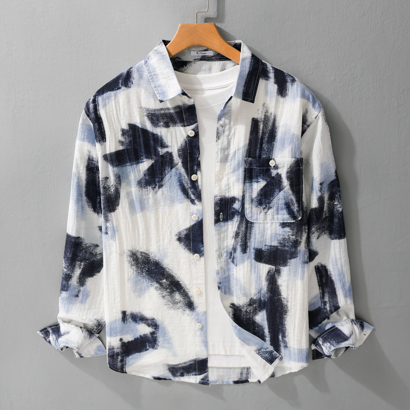 Men's Long Sleeve Shirt Jacket with Abstract Brush Print and Fine Crinkle Structure Chichicherry