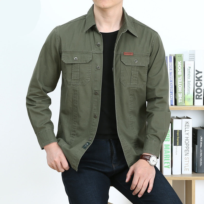 Men's Lightweight Canvas Overshirt in Utility Style with Chest Flap Pockets and Shirt Collar Chichicherry