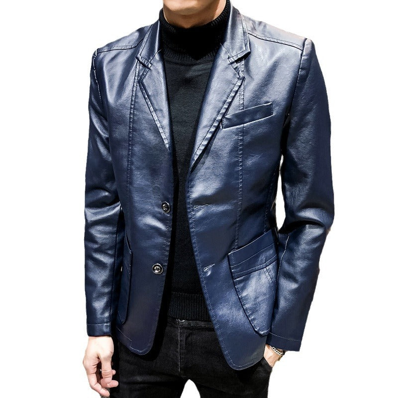 Men's Casual Slim-Fit Faux Leather Blazer with Notched Lapel and Patch Pockets Chichicherry
