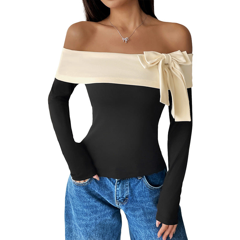 Women's Off-Shoulder Long Sleeve Top with Wide Folded Collar and Decorative Bow