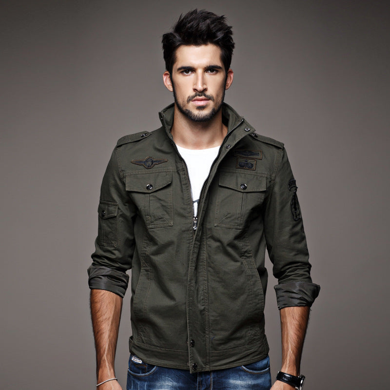 Men's Canvas Utility Field Blouson with Standing Collar, Epaulettes and Multifunctional Pockets Chichicherry