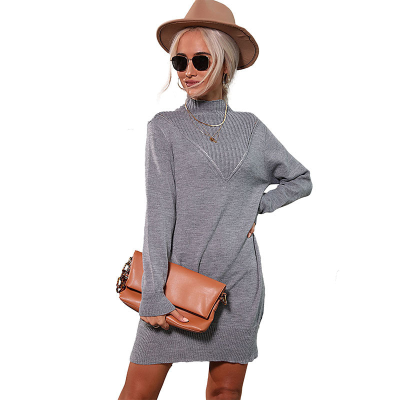 Women's knit dress with stand-up collar, lace V-insert and fitted mini silhouette Chichicherry