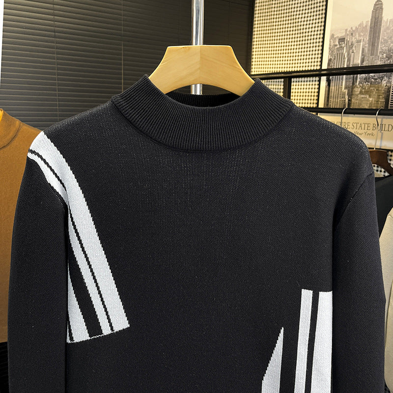 Herren Feinstrick-Pullover mit kurzem Stehkragen und geometrischem Intarsia-Design Chichicherry