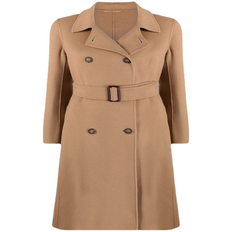 Women's tailored double-breasted wool blend coat with tie belt and A-line cut Chichicherry