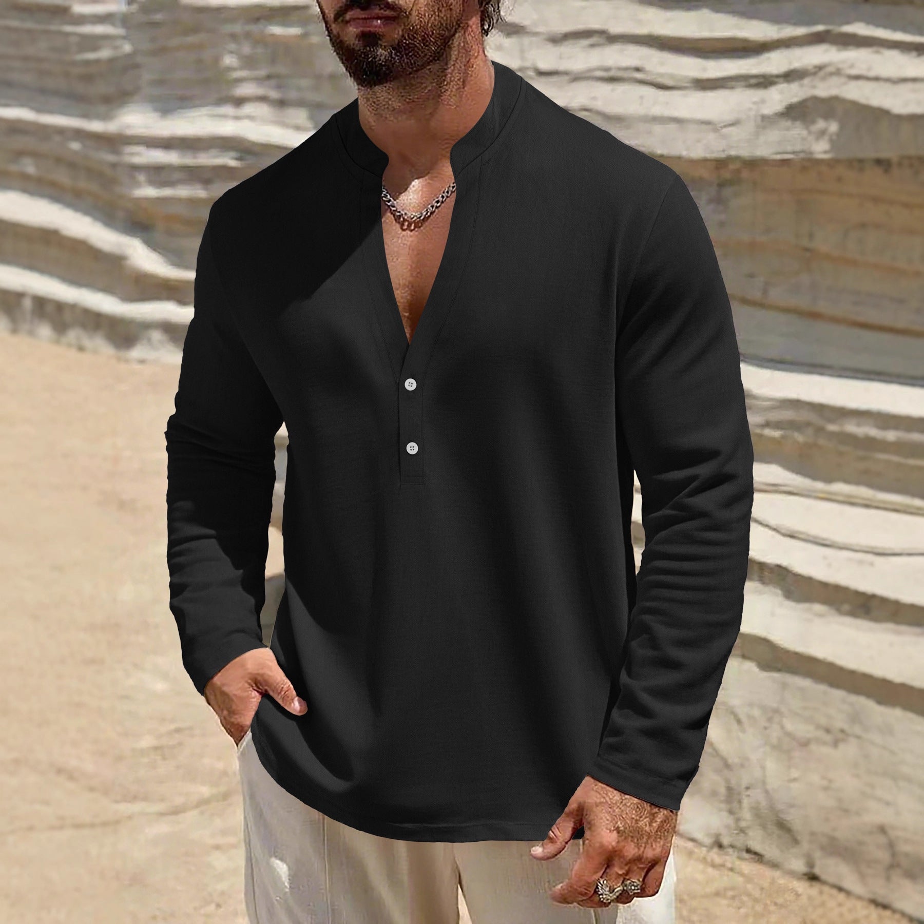 Men's Lightweight Linen Henley with Stand-up Collar and 2-Button Placket Chichicherry