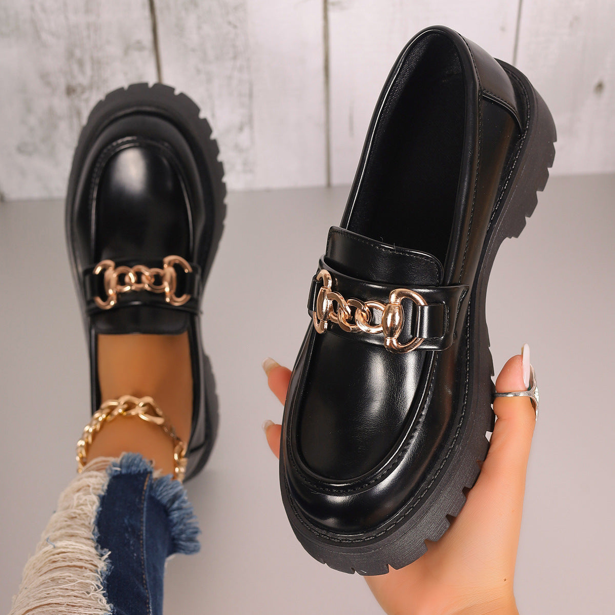 Women Chunky Platform Loafer with Metal Chain Detail and Profiled Rubber Sole Chichicherry