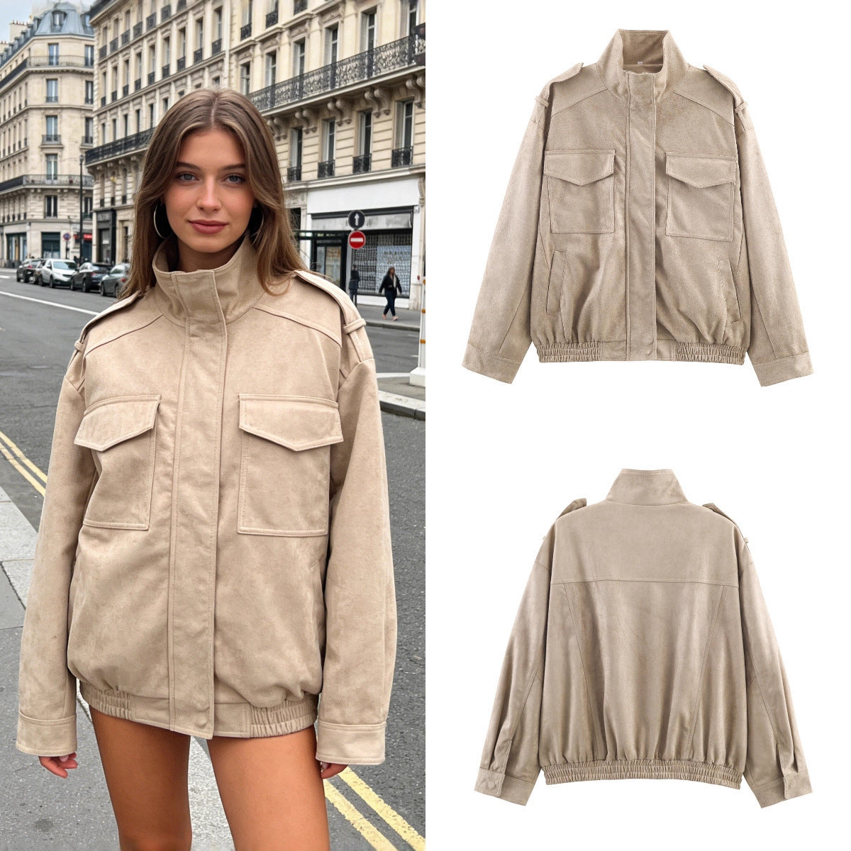 Women’s short jacket in military style with epaulets, patch chest pockets, and elastic hem Chichicherry