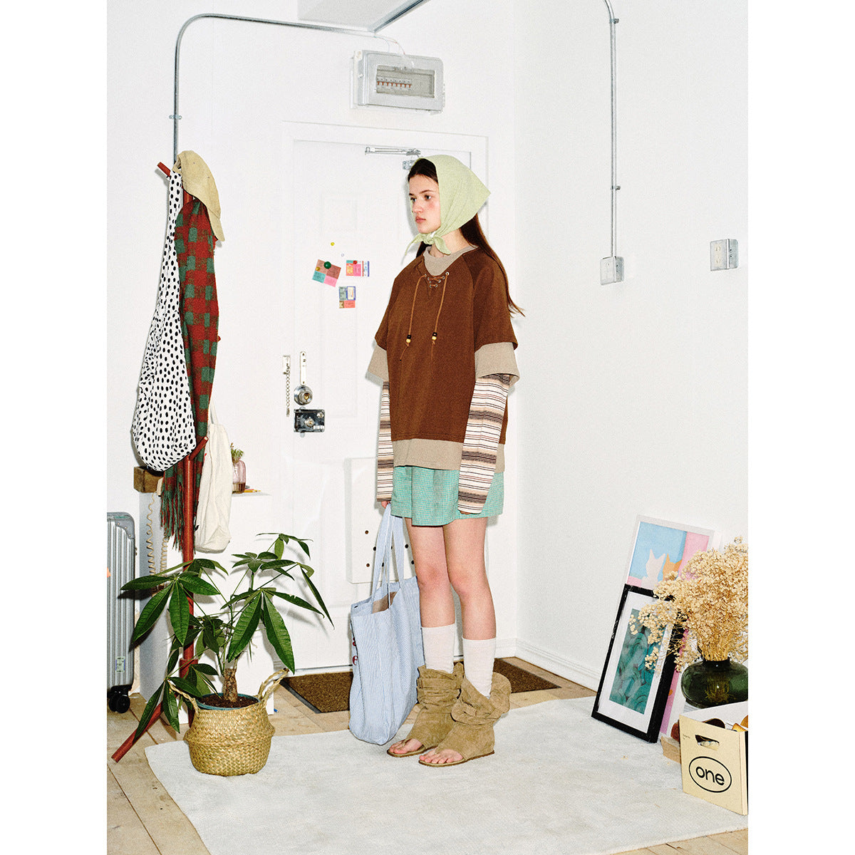 Women's Layered Look Sweatshirt with Lacing, Striped Sleeve Inserts and Asymmetrical Hem Chichicherry