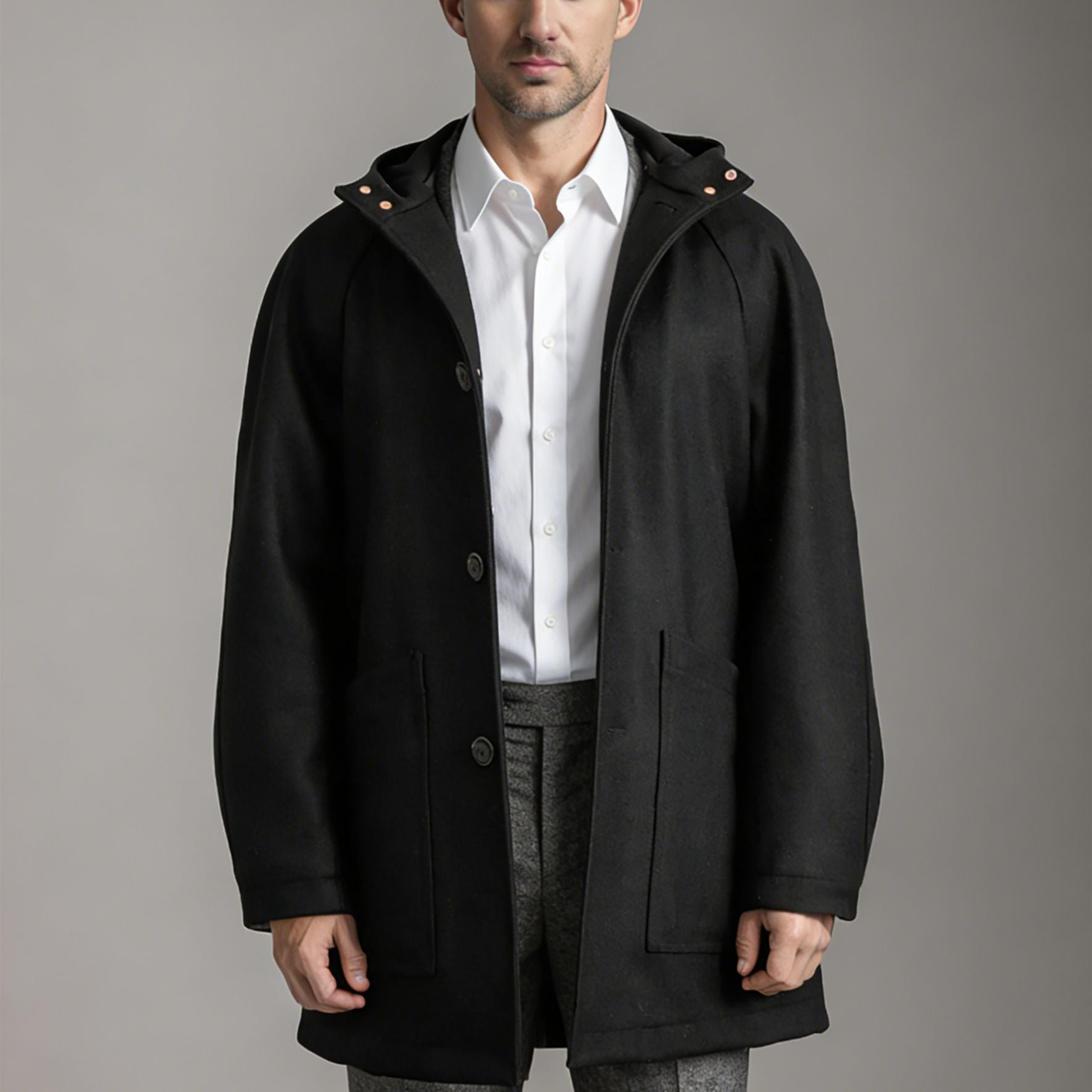 Men Tailored Wool Blend Coat with Hood and Concealed Button Placket Chichicherry