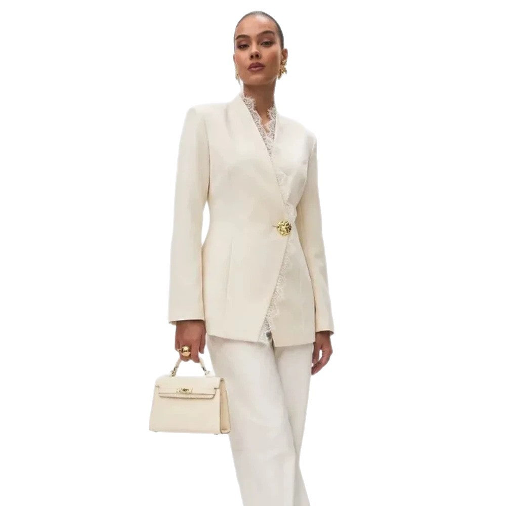 Women's Tailored Blazer with Lace Trim and Decorative Button Chichicherry