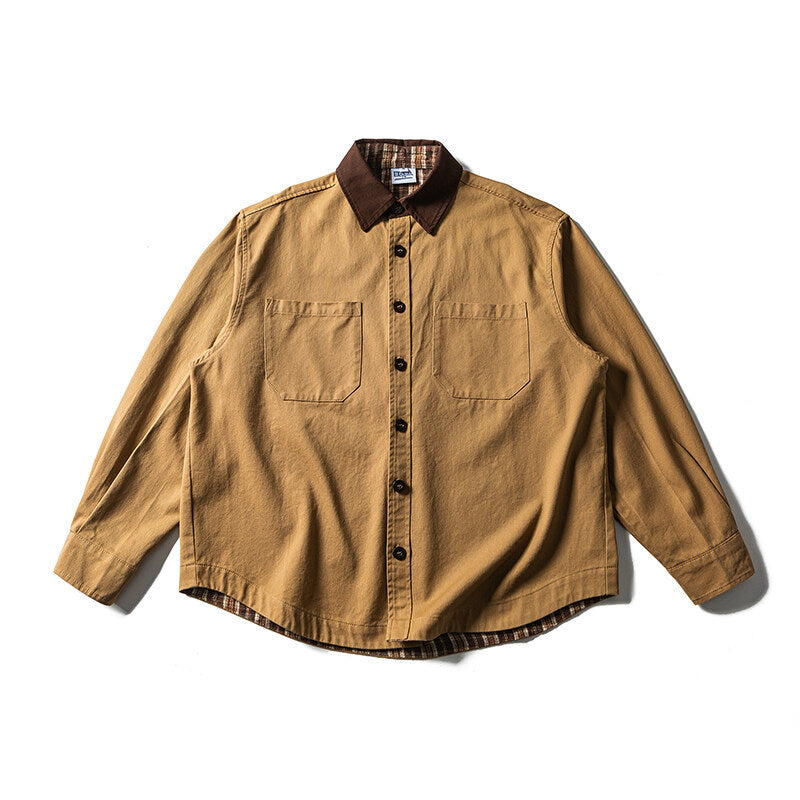 Unisex Oversize Shirt Jacket with Contrast Collar and Checked Lining Chichicherry