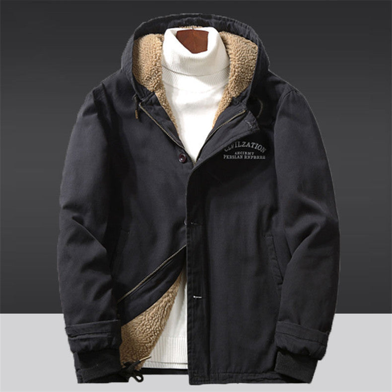 Men's Canvas Hoodie Parka with Continuous Teddy Fleece Lining and Drawstring Chichicherry