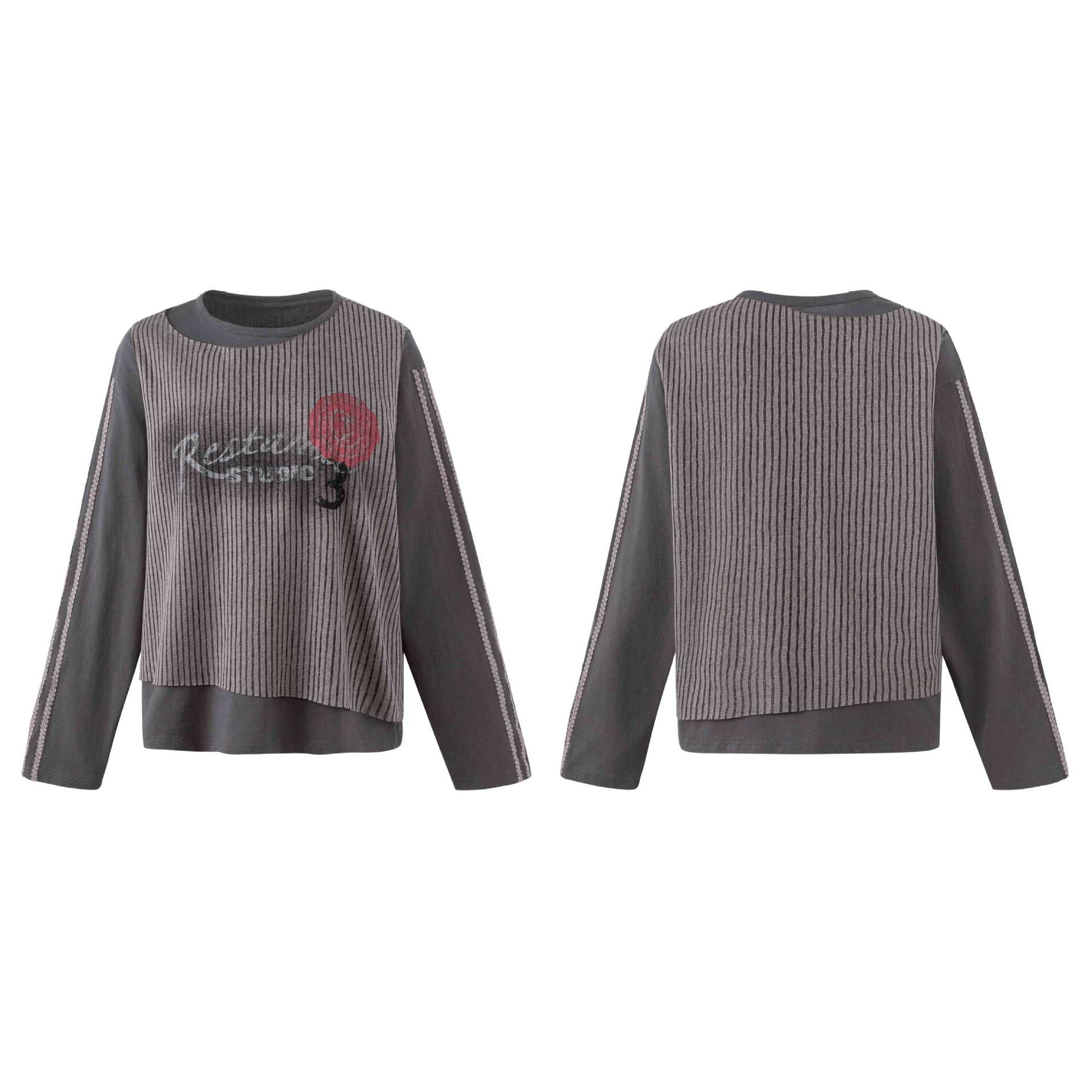 Women Casual Sweatshirt with Striped Overlay, Decorative Seams and Rose Print Chichicherry