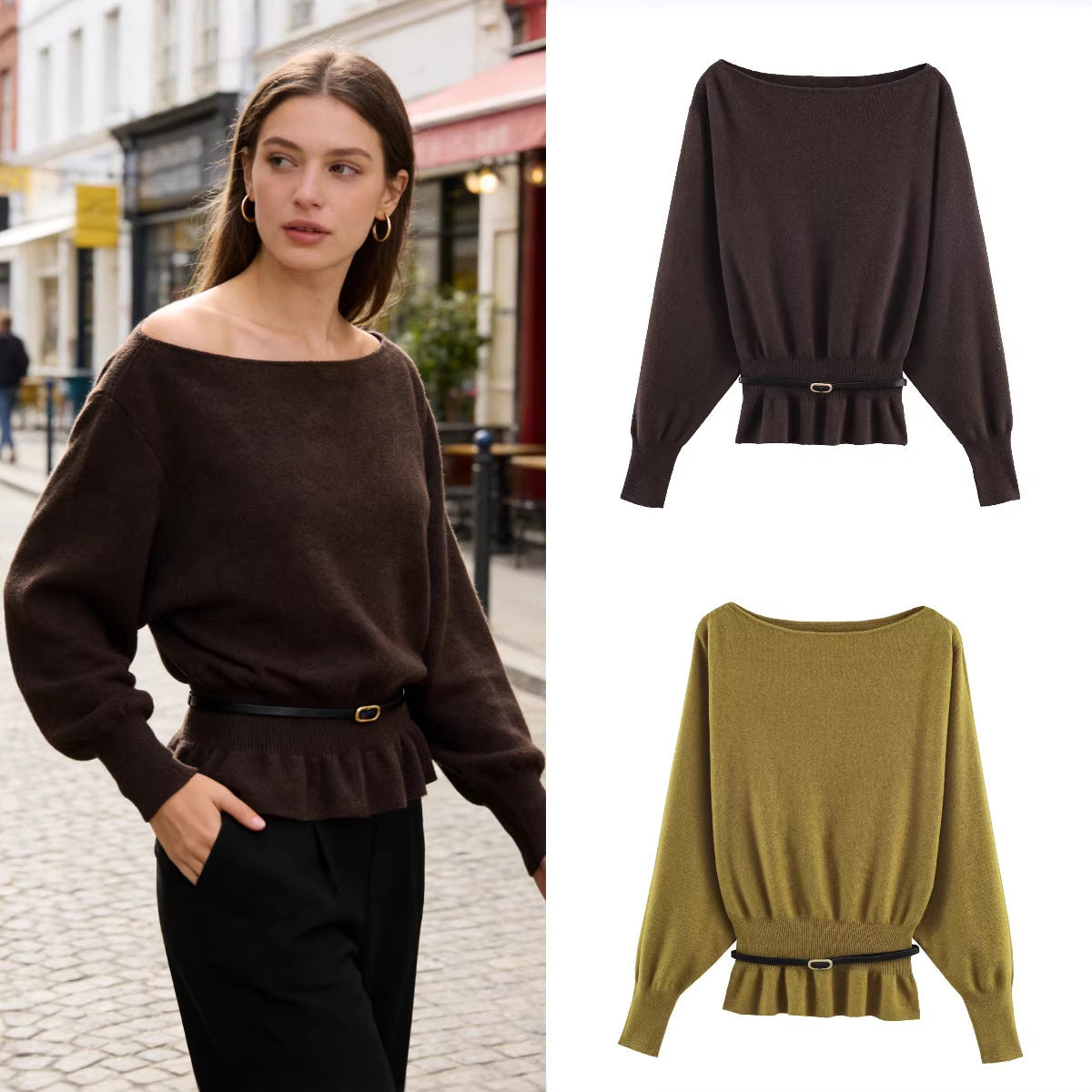 Women's Oversized Knit Sweater with Boat Neck, Batwing Sleeves, Gathered Ribbed Hem, and Waist Belt Chichicherry