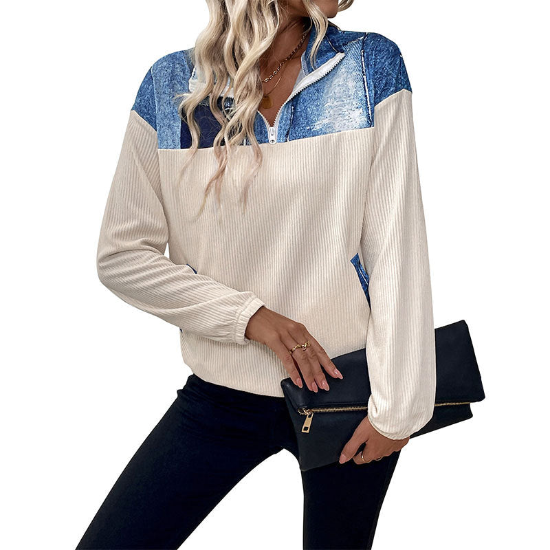 Women Relaxed-Fit Cord Structure Half-Zip Sweater with Jeans-Look Inserts Chichicherry