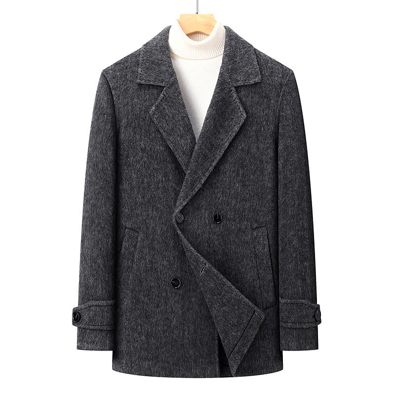 Men's Double-Breasted Wool Blend Short Coat with Lapel Collar Chichicherry