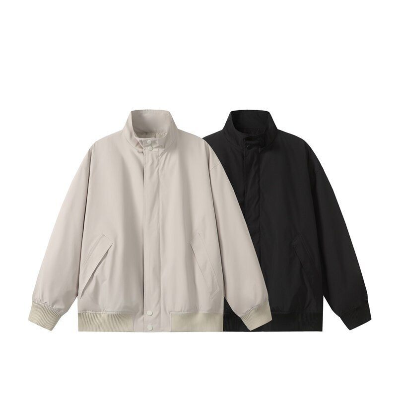 Unisex Short Cut Oversized Bomber Jacket with Stand-Up Collar, Concealed Front Placket, and Ribbed Cuffs Chichicherry